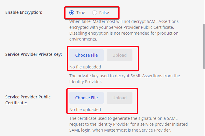 On the SAML 2.0 page, enable encryption and upload both the Service Provider Private Key and the Service Provider Public Certificate.