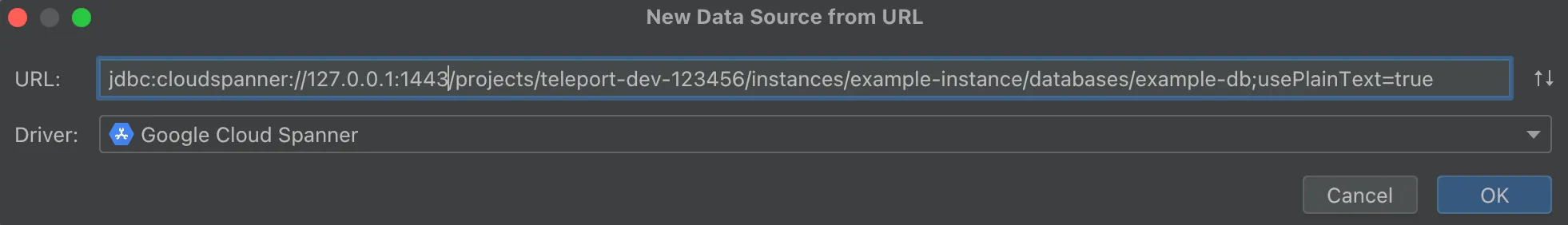 Create DataGrip Spanner Data Source From JDBC URL